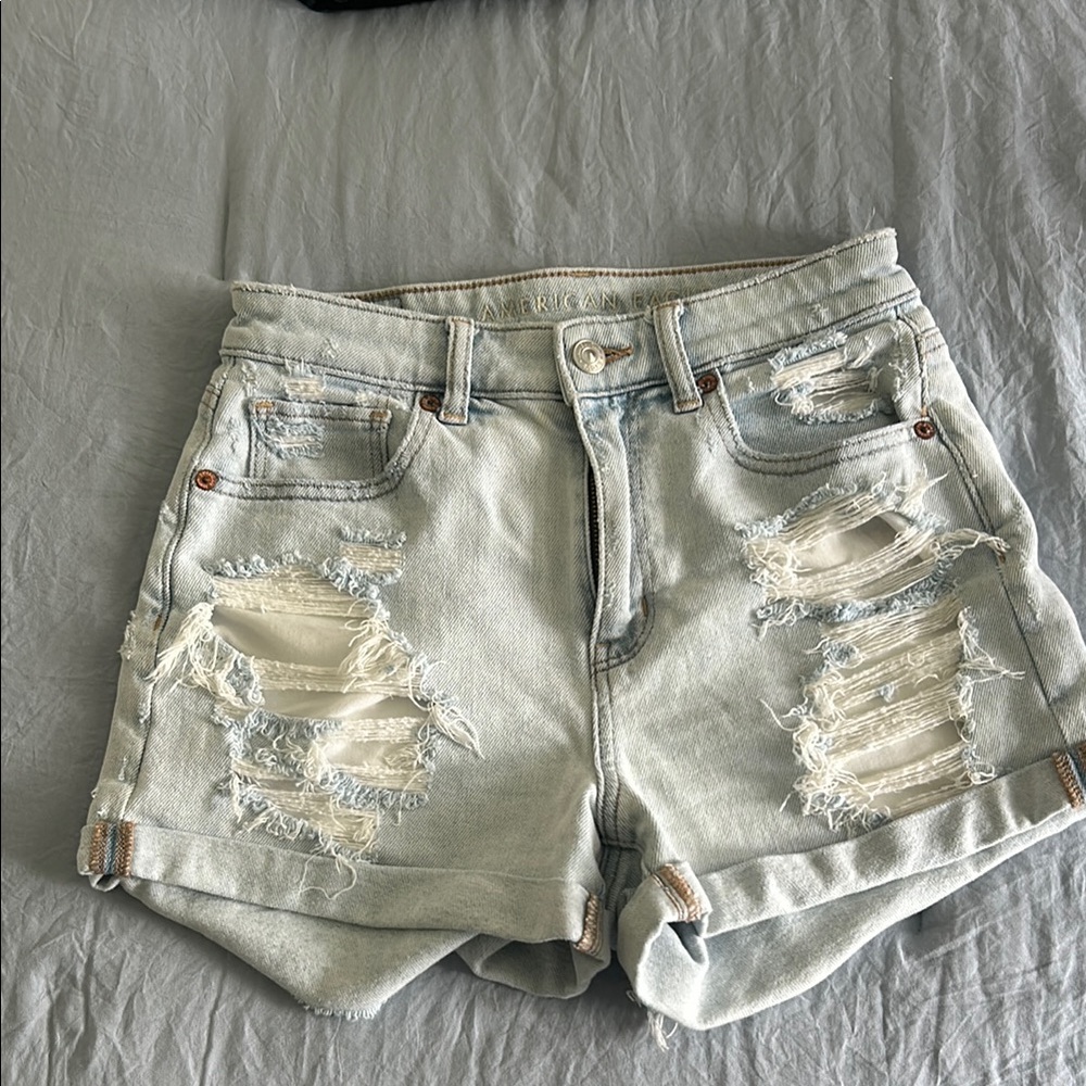 American Eagle Outfitters Light Blue Distressed Denim Mom Shorts